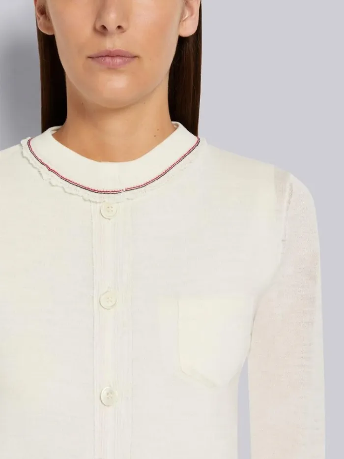 Lightweight Wool Crepe Stripe Ruffle Trim Chest Pocket Crew Neck Cardigan White Women Thom Browne Knitwear