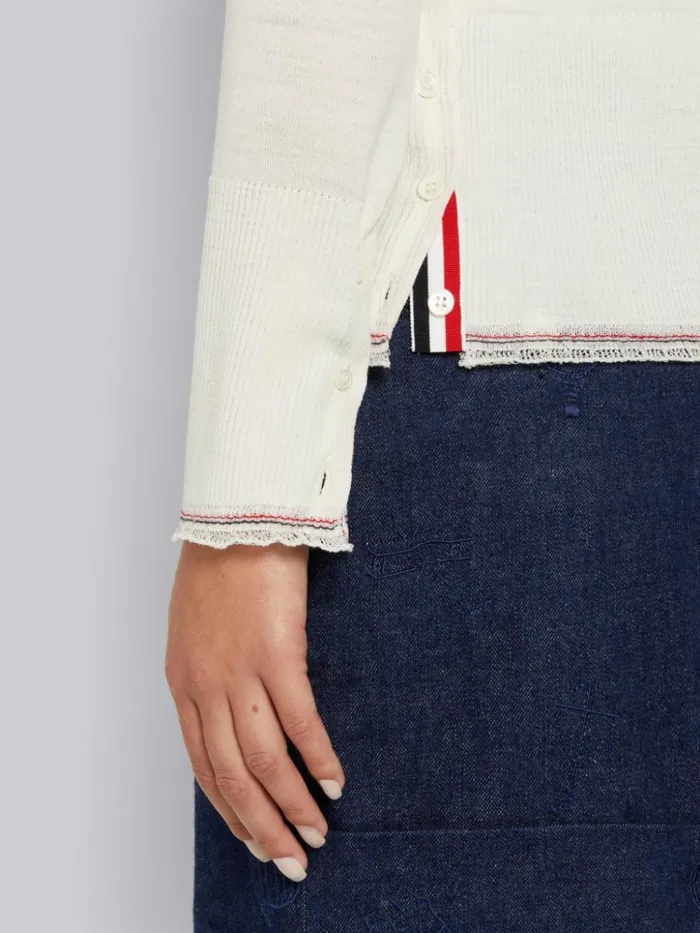 Lightweight Wool Crepe Stripe Ruffle Trim Chest Pocket Crew Neck Cardigan White Women Thom Browne Knitwear