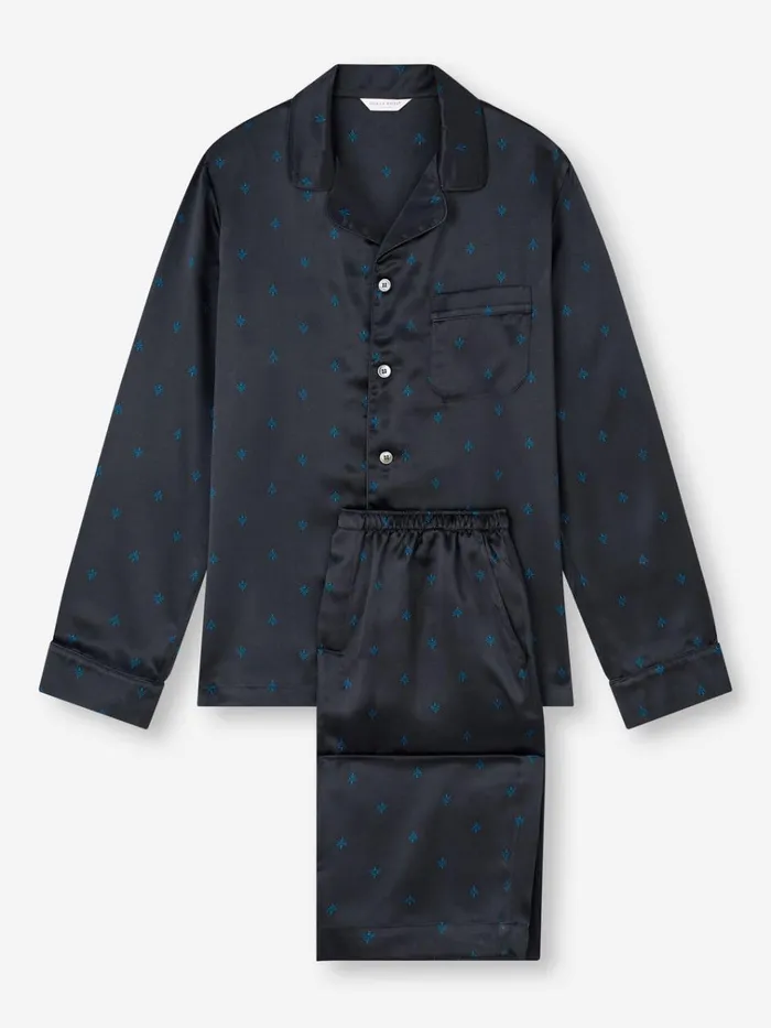 Long Pajamas Men Derek Rose Pajamas Brindisi 106 Silk Satin Navy