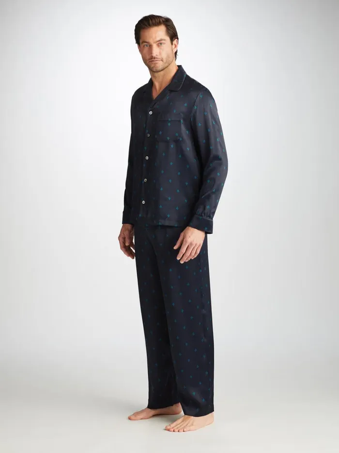 Long Pajamas Men Derek Rose Pajamas Brindisi 106 Silk Satin Navy