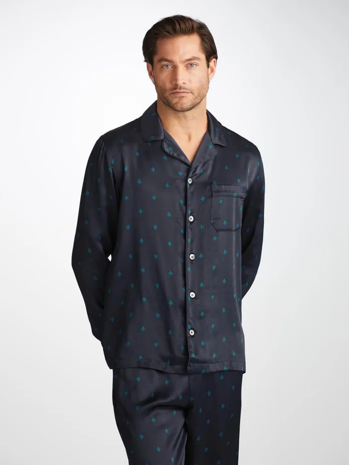 Long Pajamas Men Derek Rose Pajamas Brindisi 106 Silk Satin Navy