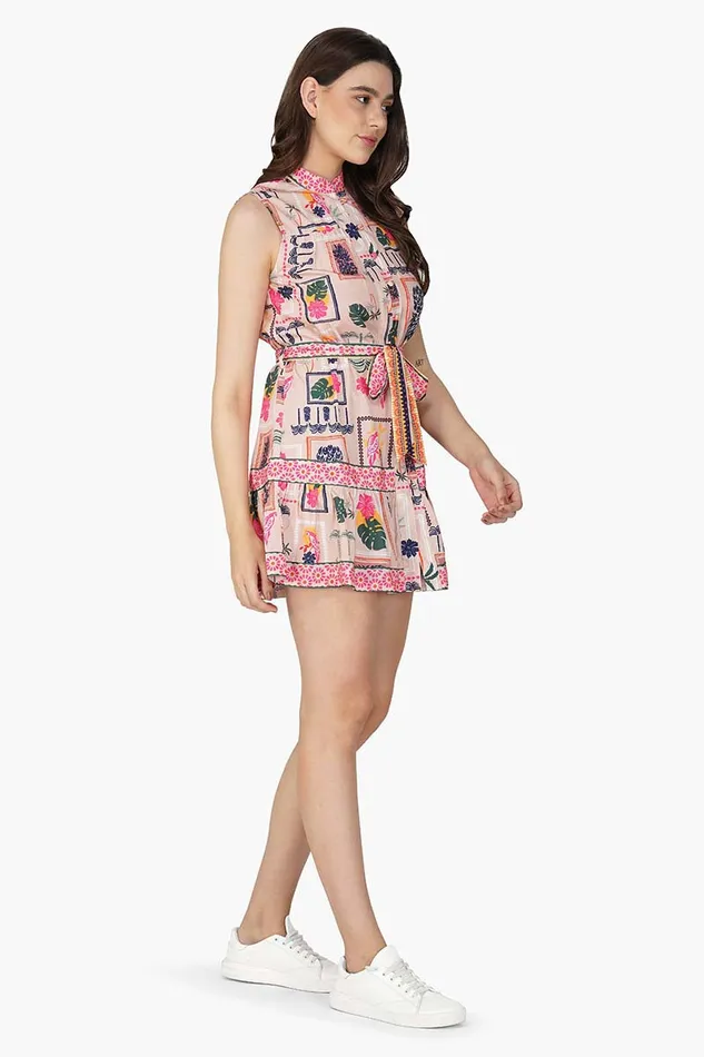 Manicured Farm Print Mix match Embellished Short Dress Manicured Farm Print Mix match Embellished Short Dress