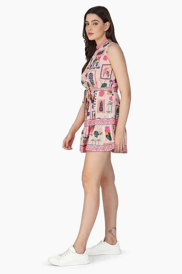 Manicured Farm Print Mix match Embellished Short Dress Manicured Farm Print Mix match Embellished Short Dress