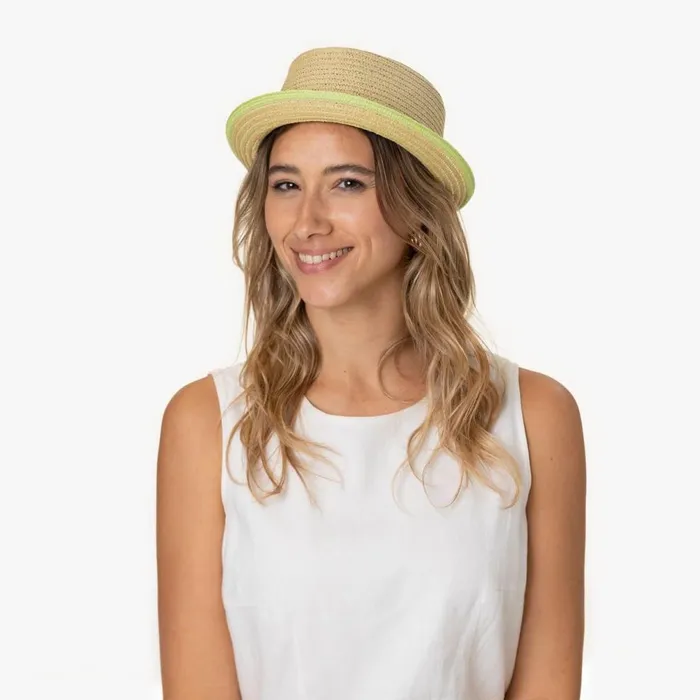 Men Andy Green Pork Pie Straw Hat Natural Green Mayser Pork Pie Hats
