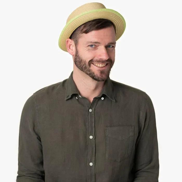 Men Andy Green Pork Pie Straw Hat Natural Green Mayser Pork Pie Hats