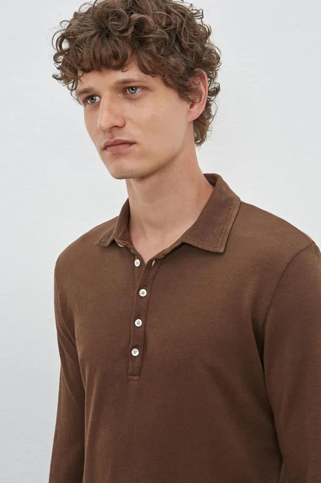 Men RAYA 8211 Linen Cotton Jersey Longsleeve Polo Shirt 8211 Pecan Massimo Alba TShirts and Polos