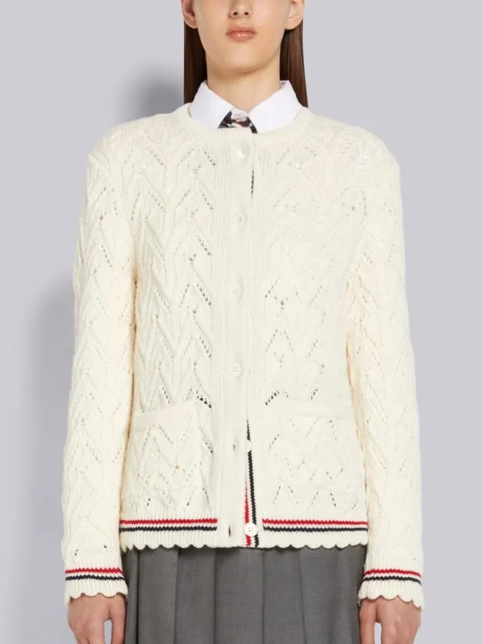 Merino Wool Pointelle Cable Knit Scallop Trim Crew Neck Cardigan White Women Thom Browne Knitwear