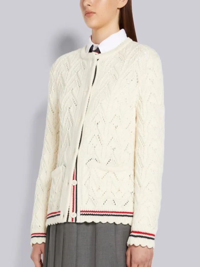 Merino Wool Pointelle Cable Knit Scallop Trim Crew Neck Cardigan White Women Thom Browne Knitwear