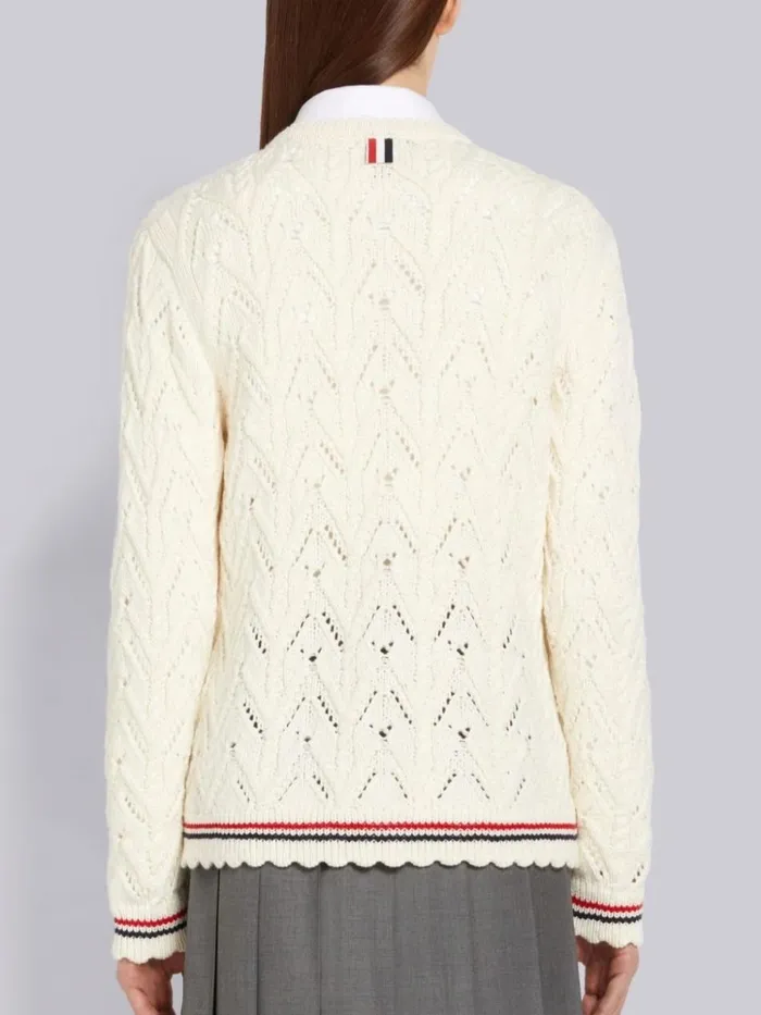 Merino Wool Pointelle Cable Knit Scallop Trim Crew Neck Cardigan White Women Thom Browne Knitwear