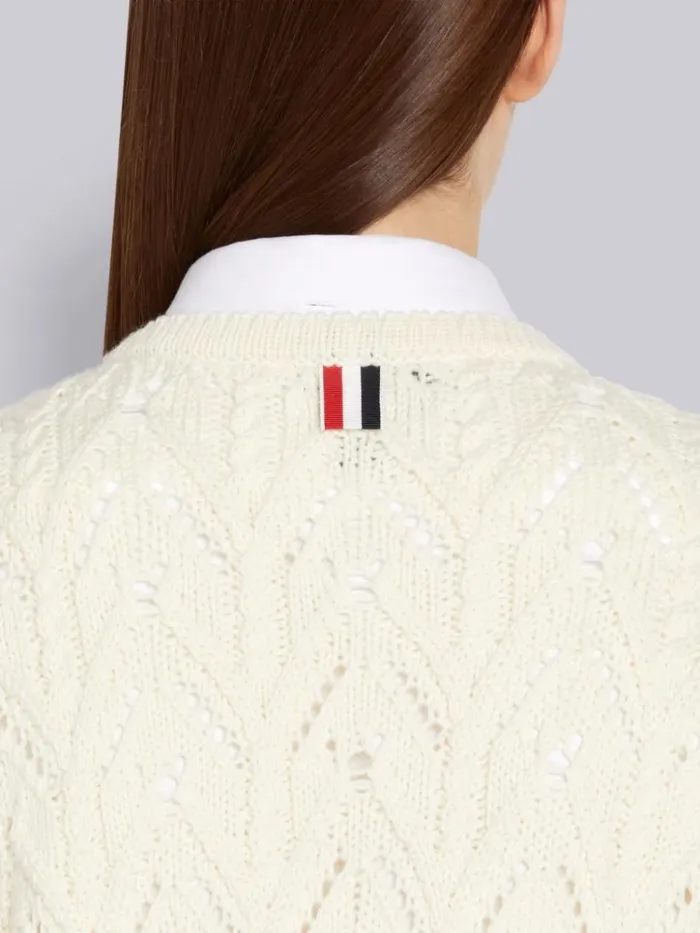 Merino Wool Pointelle Cable Knit Scallop Trim Crew Neck Cardigan White Women Thom Browne Knitwear