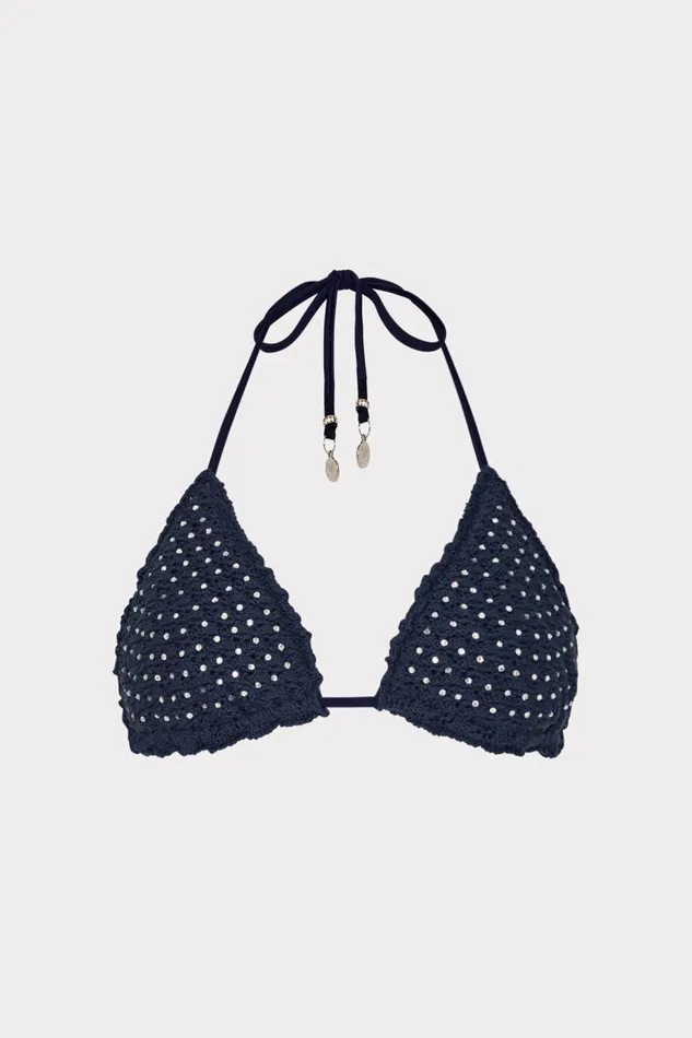 Milly Bikinis Women Glimmer Crochet Bikini Top With Crystal Applique Navy