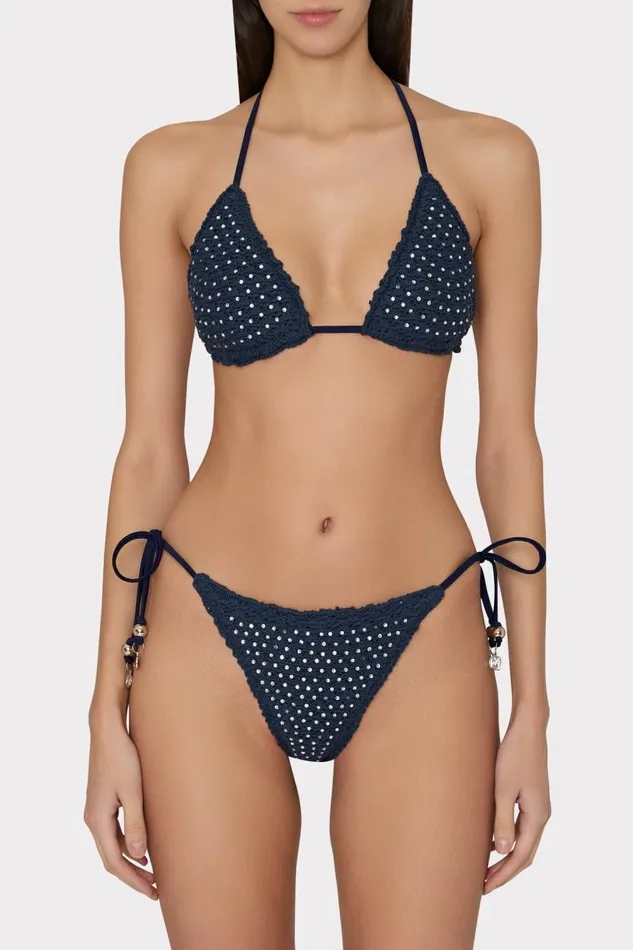 Milly Bikinis Women Glimmer Crochet Bikini Top With Crystal Applique Navy Milly Bikinis Women Glimmer Crochet Bikini Top With Crystal Applique Navy