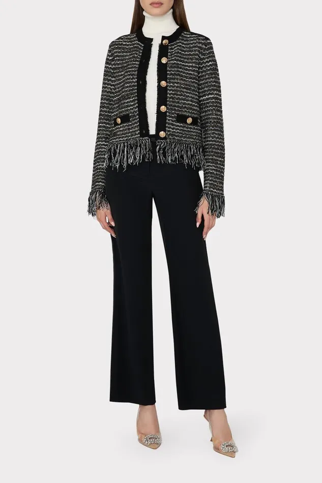 Milly Cardigans Women Metallic Textured Fringe Cardigan Black Gold Multi