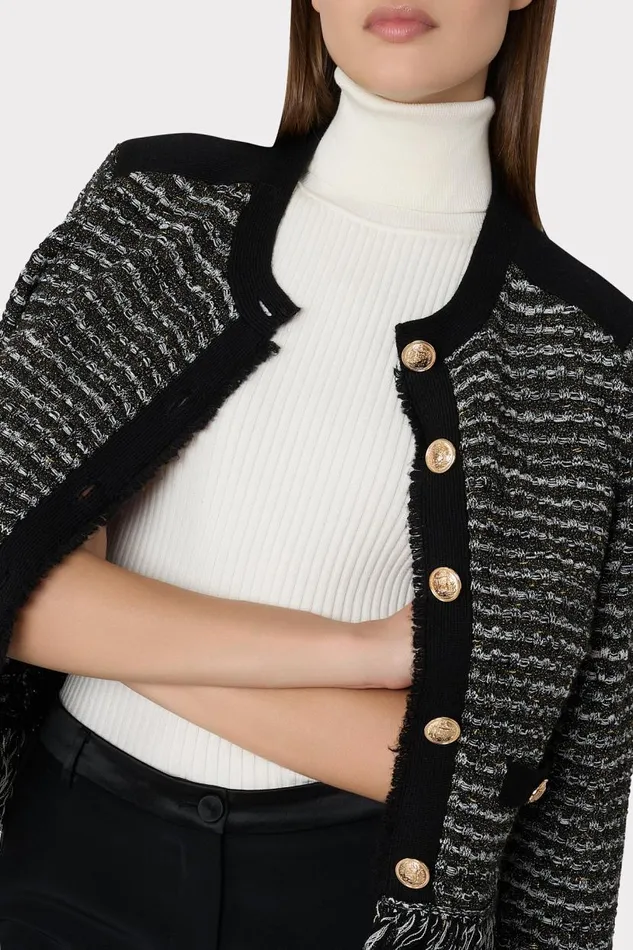 Milly Cardigans Women Metallic Textured Fringe Cardigan Black Gold Multi