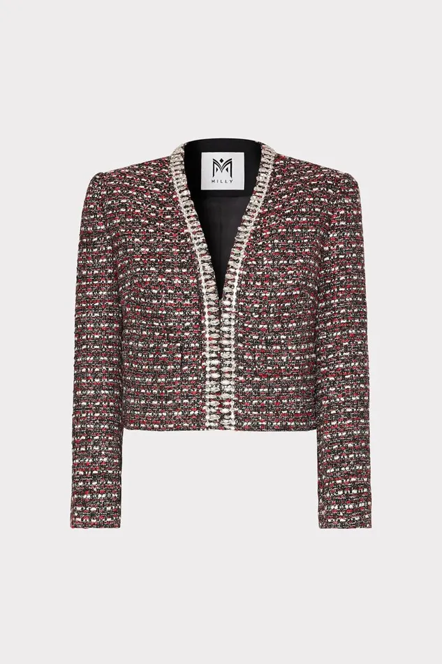 Milly Coats and Jackets Women Amaya Tweed Crystal Embellished Jacket Scarlet Multi Milly Coats and Jackets Women Amaya Tweed Crystal Embellished Jacket Scarlet Multi