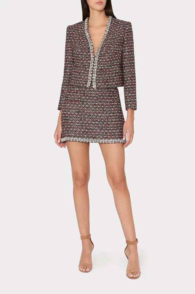 Milly Coats and Jackets Women Amaya Tweed Crystal Embellished Jacket Scarlet Multi
