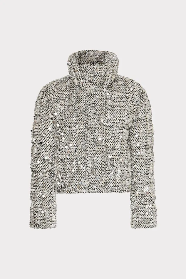 Milly Coats and Jackets Women Hayes Sequin Tweed Puffer Black Multi