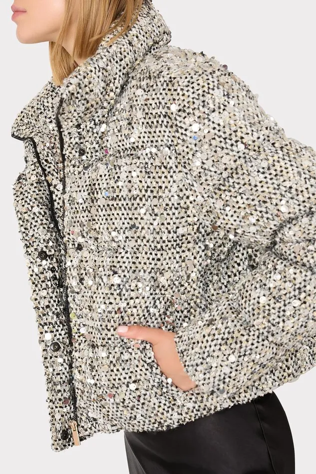 Milly Coats and Jackets Women Hayes Sequin Tweed Puffer Black Multi Milly Coats and Jackets Women Hayes Sequin Tweed Puffer Black Multi