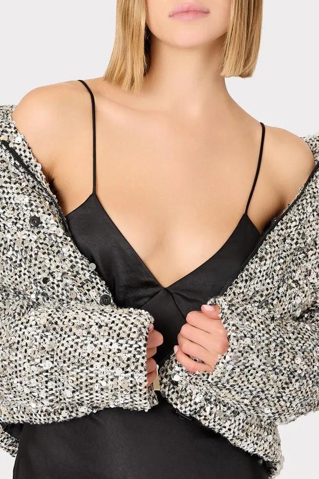 Milly Coats and Jackets Women Hayes Sequin Tweed Puffer Black Multi Milly Coats and Jackets Women Hayes Sequin Tweed Puffer Black Multi