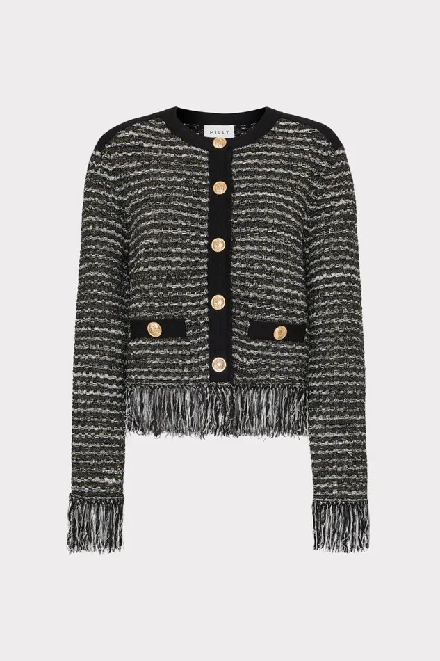 Milly Coats and Jackets Women Metallic Textured Fringe Cardigan Black Gold Multi Milly Coats and Jackets Women Metallic Textured Fringe Cardigan Black Gold Multi