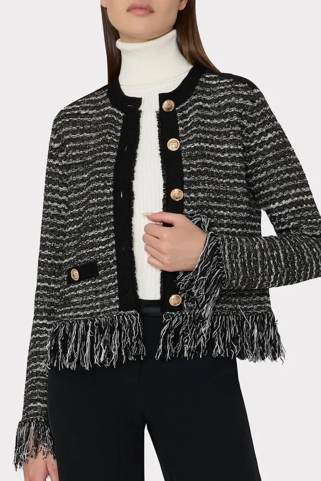 Milly Coats and Jackets Women Metallic Textured Fringe Cardigan Black Gold Multi