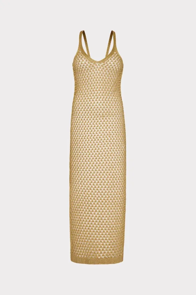 Milly CoverUps Women Metallic Mesh V Neck Midi CoverUp Dress Gold