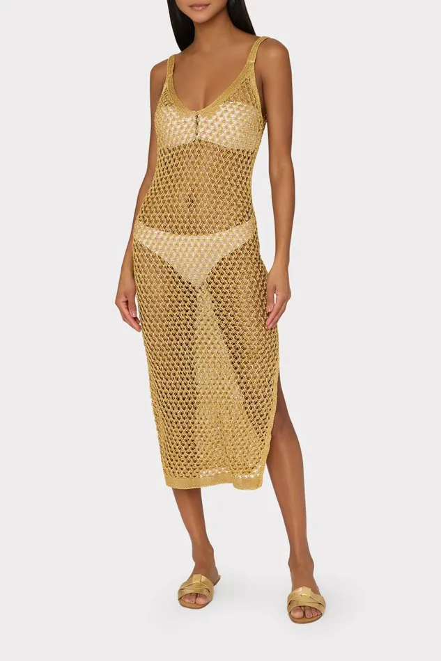 Milly CoverUps Women Metallic Mesh V Neck Midi CoverUp Dress Gold Milly CoverUps Women Metallic Mesh V Neck Midi CoverUp Dress Gold