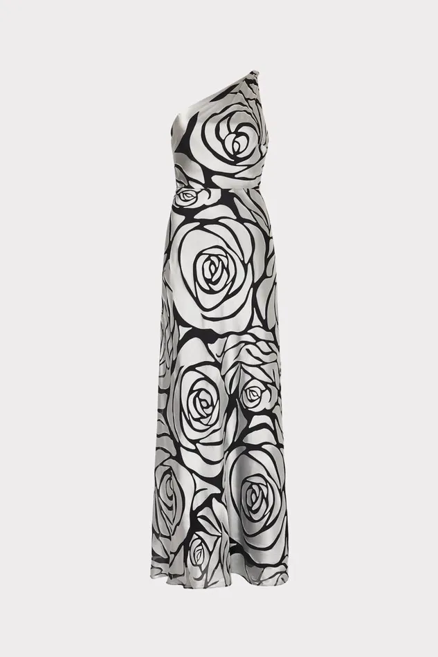 Milly Dresses Women Isley One Shoulder Rose Chiffon Devore Dress Silverblack