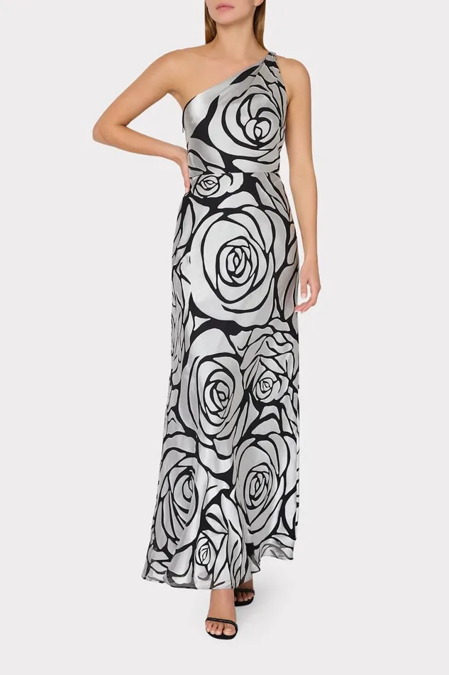 Milly Dresses Women Isley One Shoulder Rose Chiffon Devore Dress Silverblack Milly Dresses Women Isley One Shoulder Rose Chiffon Devore Dress Silverblack