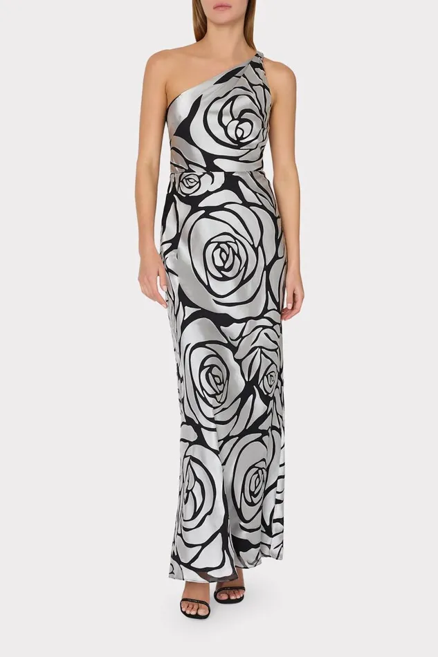Milly Dresses Women Isley One Shoulder Rose Chiffon Devore Dress Silverblack Milly Dresses Women Isley One Shoulder Rose Chiffon Devore Dress Silverblack