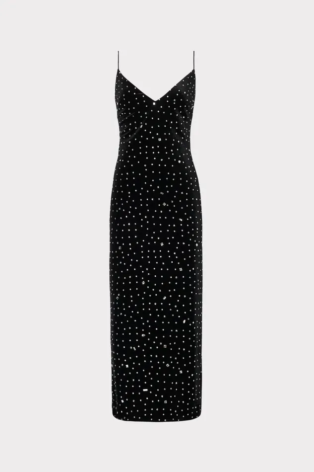 Milly Dresses Women Ivy Velvet Crystal Embellished Slip Dress Blacksilver