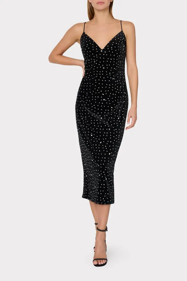 Milly Dresses Women Ivy Velvet Crystal Embellished Slip Dress Blacksilver