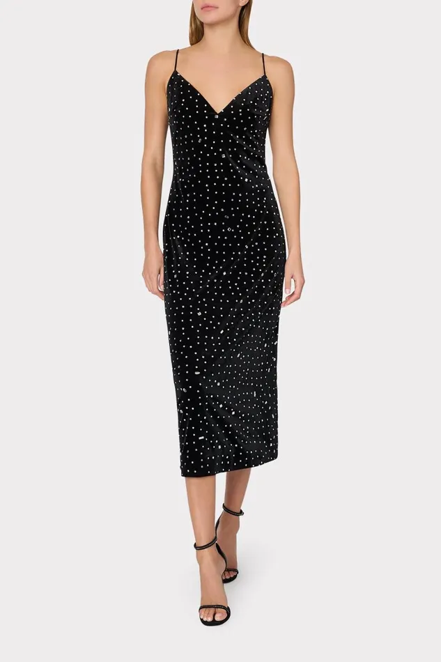 Milly Dresses Women Ivy Velvet Crystal Embellished Slip Dress Blacksilver