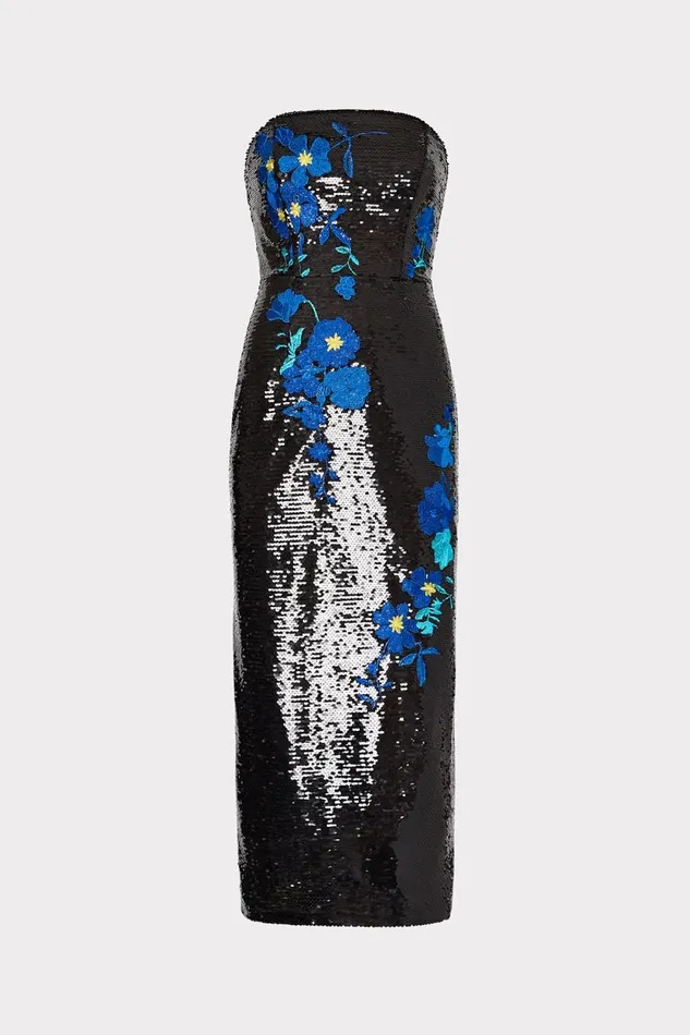 Milly Dresses Women Kait Vines Of Floral Sequins Dress Blackblue