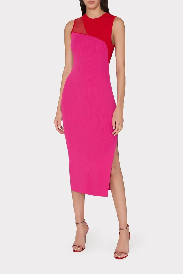 Milly Dresses Women Kyle Color Block Knit Midi Dress Pink Multi