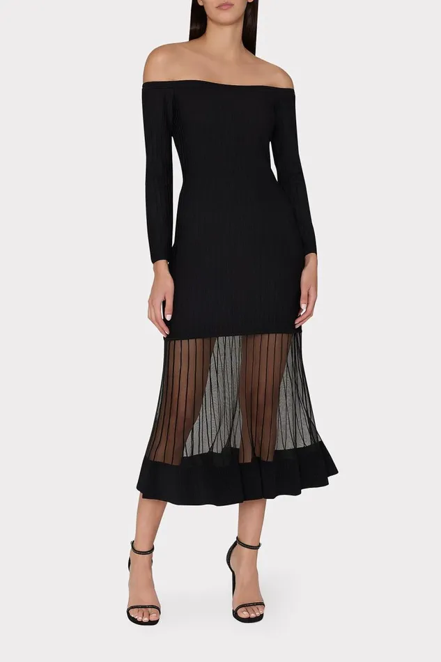 Milly Dresses Women Off The Shoulder Sheer Knit Mini Dress Black Milly Dresses Women Off The Shoulder Sheer Knit Mini Dress Black