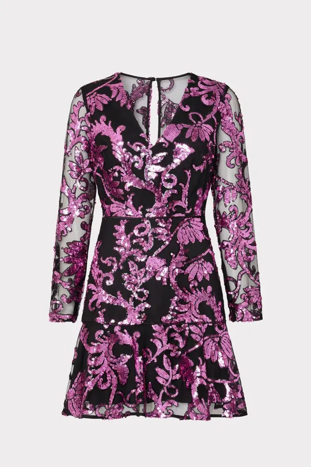 Milly Dresses Women Tove Tassel Paisley Sequins Dress Pink Multi