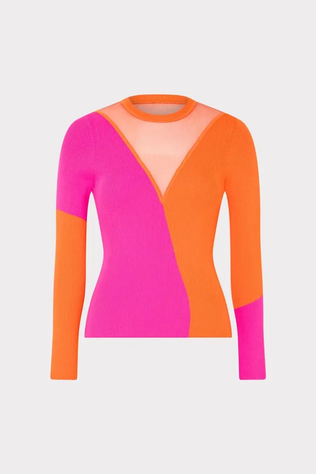 Milly Sweaters and Knits Women Color Block Sheer Graphic Crewneck Coralpink