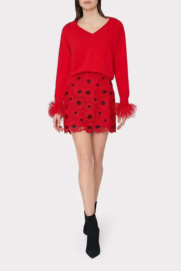 Milly Sweaters and Knits Women Feather Cuff VNeck Sweater Red Milly Sweaters and Knits Women Feather Cuff VNeck Sweater Red