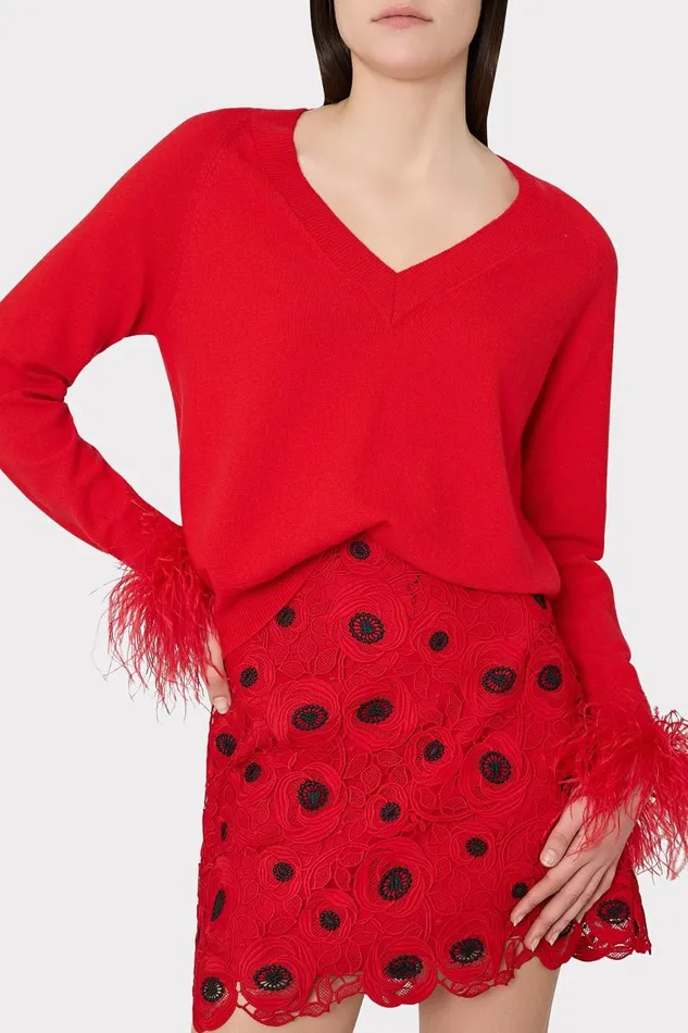 Milly Sweaters and Knits Women Feather Cuff VNeck Sweater Red Milly Sweaters and Knits Women Feather Cuff VNeck Sweater Red