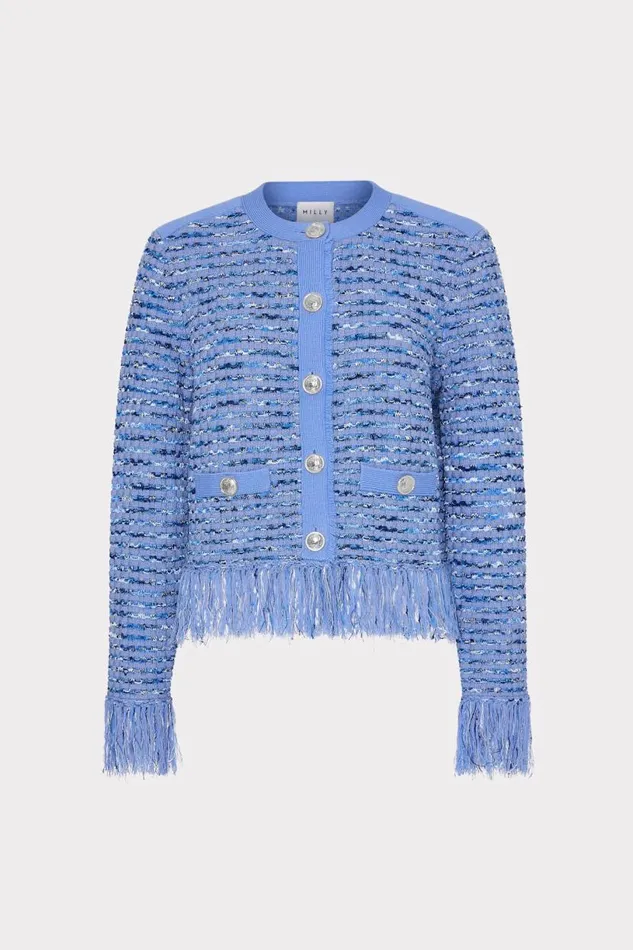 Milly Sweaters and Knits Women Fringe Trim Cardigan Blue