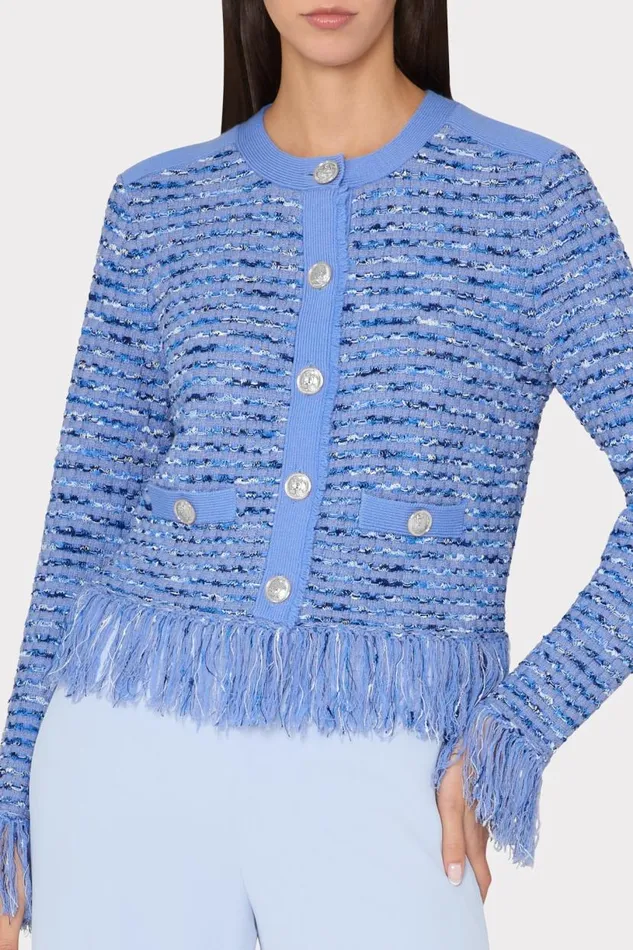Milly Sweaters and Knits Women Fringe Trim Cardigan Blue Milly Sweaters and Knits Women Fringe Trim Cardigan Blue