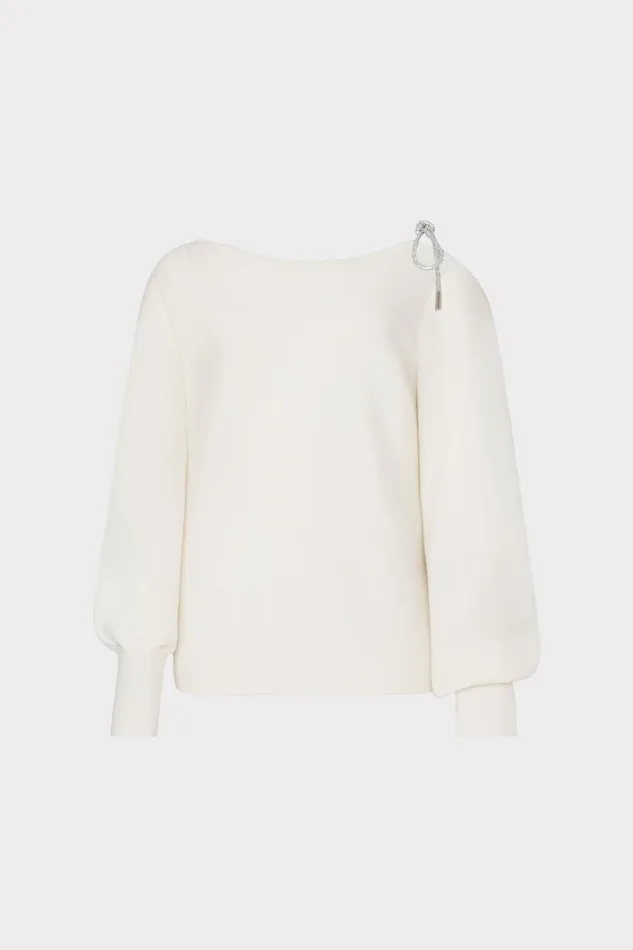 Milly Sweaters and Knits Women Ida Crystal Bow Cold Shoulder Sweater Ecru