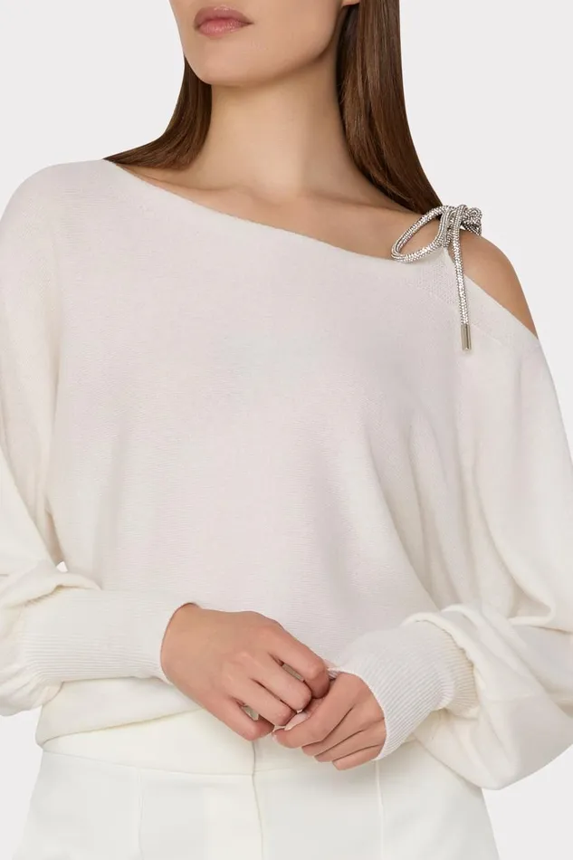 Milly Sweaters and Knits Women Ida Crystal Bow Cold Shoulder Sweater Ecru