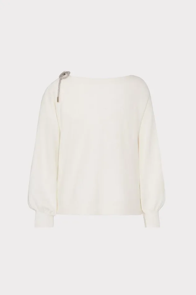 Milly Sweaters and Knits Women Ida Crystal Bow Cold Shoulder Sweater Ecru