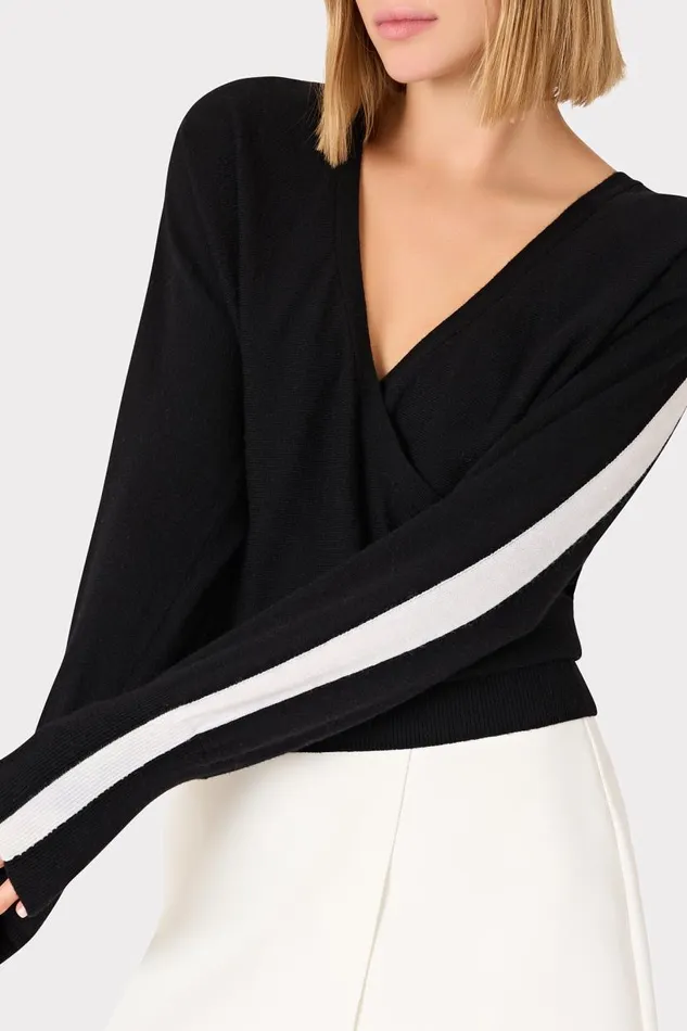 Milly Sweaters and Knits Women Racer VNeck Sweater Blackecru Milly Sweaters and Knits Women Racer VNeck Sweater Blackecru
