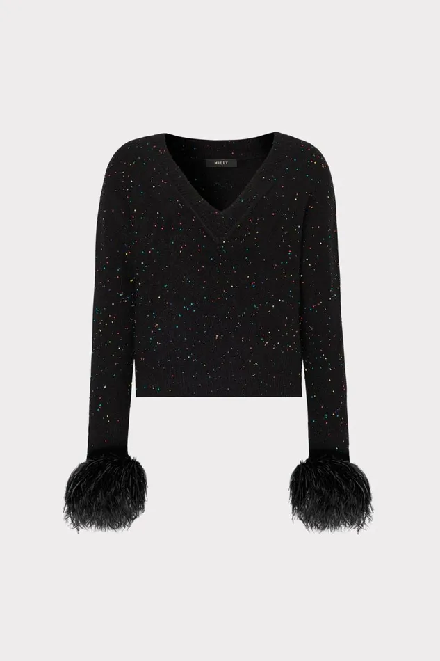 Milly Sweaters and Knits Women Sequin Feather Cuff VNeck Sweater Black Multi