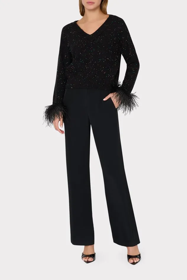 Milly Sweaters and Knits Women Sequin Feather Cuff VNeck Sweater Black Multi