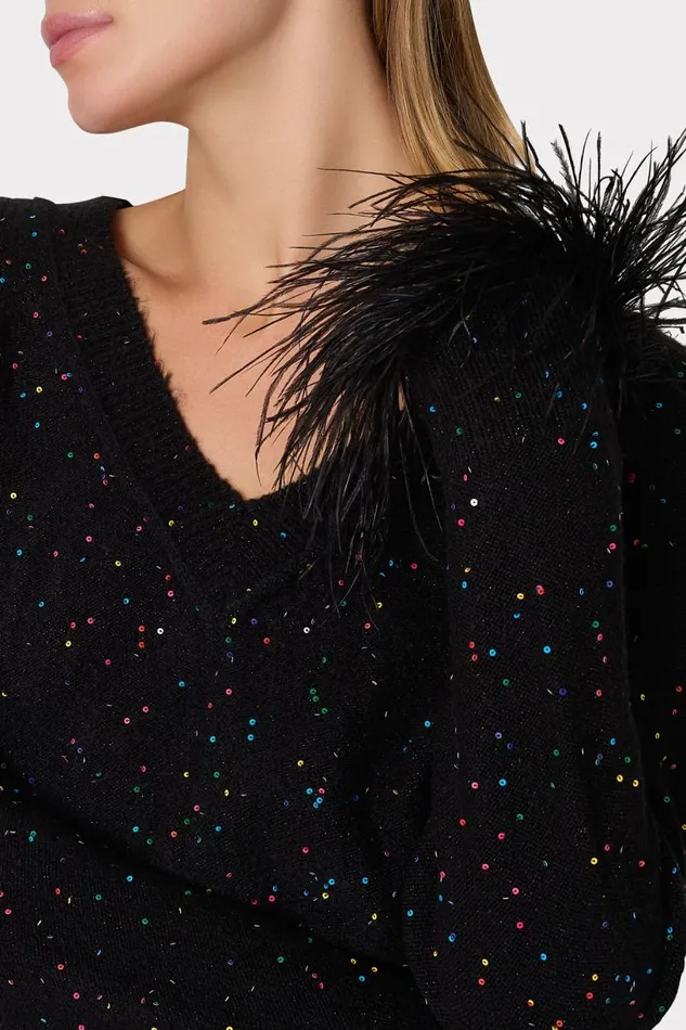 Milly Sweaters and Knits Women Sequin Feather Cuff VNeck Sweater Black Multi