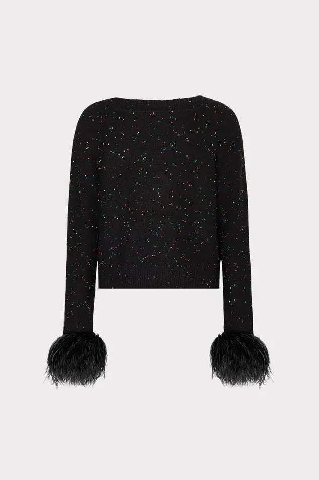 Milly Sweaters and Knits Women Sequin Feather Cuff VNeck Sweater Black Multi